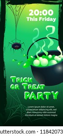 Trick or Treat Party This Friday lettering. Spider and cauldron with boiling green potion. Holiday event invitation. Halloween concept. Vector illustration can be used for posters, flyers, banners