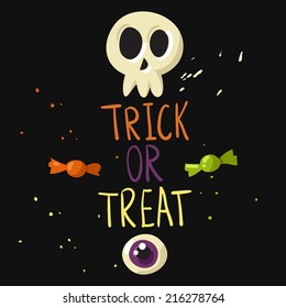 Trick or treat postcard with skull, eyeball and candies