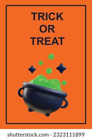 Trick or treat poster with cauldron in cartoon 3d style, vector illustration on orange background. Halloween holiday party banner.