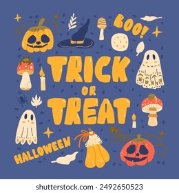 Cartel de truco o trato. Coloridas ilustraciones de Halloween con calabazas, fantasmas, sombreros de bruja y setas. Candy corre. La víspera de Todos los Santos. Vector dibujado a mano ilustración.