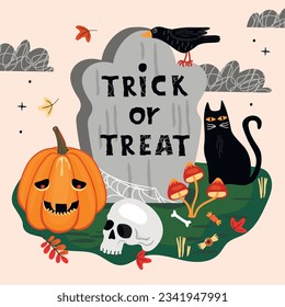 Trick or Treat poster with gravestone.Halloween card with pumpkin lantern, black cat, crow and skull.Colorful background with poisonous mushrooms, autumn leaves and clouds.Vector  flat illustration.