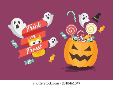 Trick or Treat Poster with Halloween pumpkin basket. Flat style vector illustration.