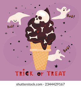 Trick or Treat poster with ice cream.Dessert in a waffle cone and decorated with a skull and bones. Print with hand written text and ghosts. Background with doodle elements.Vector flat illustration.