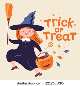 Trick or treat poster with 
little witch. Halloween card