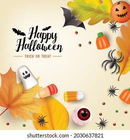 Trick or Treat poster, Top view Halloween candy party background with candy, eyeballs, spiders, bats and pumpkins. Vector