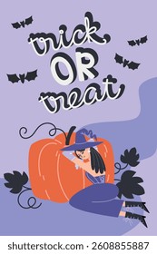 Trick or Treat Poster with Witch Sitting by Pumpkin in Flat Style, Purple and Orange Halloween Illustration. Vector design template for cards, cover, banner, flyer, web, social media