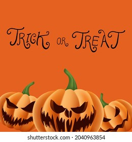 Trick or treat poster.Halloween pumpkin with trick or treat letter on orange background.Vector illustration of Halloween banner, poster or greeting card