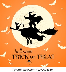 Trick or Treat. The pretty witch flies on a broom with a black cat against the background of the full moon. Vector illustration. The Halloween greeting concept.