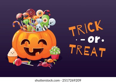 Cesta de calabaza de truco o trato. Bolso de cabeza espeluznante de Halloween con caramelos y dulces, piruletas aterradoras, jaleas y magdalenas, cartel de fiesta o diseño de Anuncio de venta, concepto de Vector aislado plano de dibujos animados