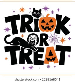 Trick or treat pumpkin and cat elements for kids party horror. Vector illustration invitation card. Happy Halloween lantern. Autumn holiday celebration party violet promo with cute ghost