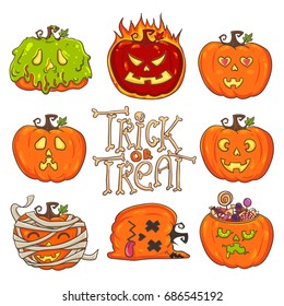 Trick or Treat, pumpkin set. Mummy, angry, love, dead, zombies candy. Stickers vector