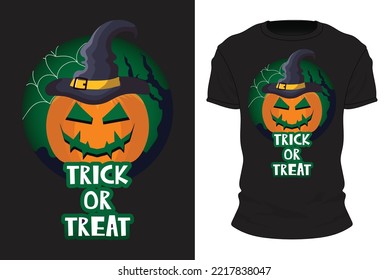 trick or treat with pumpkin, witch hat, candy and spider web for Halloween, black t-shirt design