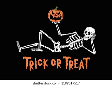 TRICK OR TREAT RESTING SKELETON WITH PUMPKIN JACK-O-LANTERN 2 BLACK BACKGROUND