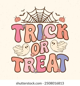 Truco o trato - Diseño retro Groovy de la camiseta de Halloween, gráfico del Vector