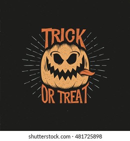 Trick or treat retro lettering. Halloween pumpkin with his tongue hanging out and sunburst. Layered vector illustration.