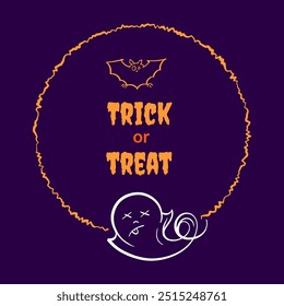 Trick or treat round frame with playful ghost and spooky bat om a purple background