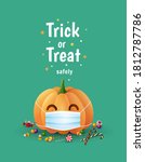 Trick or Treat safely. Halloween during pancemic cute illustration with pumpkin wearing face mask for protection from coronavirus and sweets on green background. - Vector