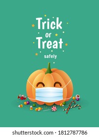 Trick or Treat safely. Halloween during pancemic cute illustration with pumpkin wearing face mask for protection from coronavirus and sweets on green background. - Vector