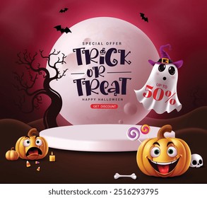 Trick or treat sale vector template design. Halloween special offer 50% discount text in podium stage for product display promotion banner. Vector illustration holiday horror promo design. 
