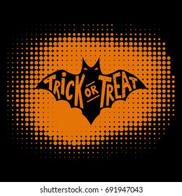 Trick or Treat. Scary bat with lettering on  dotted background. Halloween theme. Design element for poster, greeting card. Vector illustration