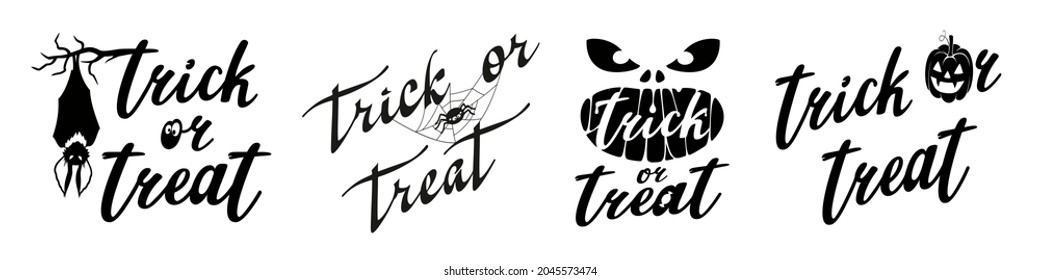 Trick or Treat scary calligraphy letters in cobweb. Set. Vector Illustration isolated on white background for Halloween day.