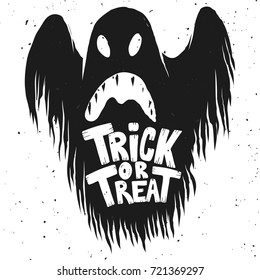 Trick or treat. Scary ghost illustration on white background. Design element for poster, card, invitation. Vector illustration 