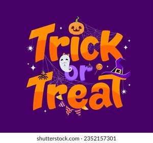 Trick or treat scary halloween banner. Vector spooky lettering adorned with eerie symbols as ghost, hat, spider and pumpkin, perfect for welcoming little ghouls and witches on a night of frightful fun