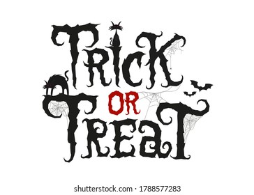 Trick or Treat scary text decorated with traditional elements. Vector lettering in cobweb for Halloween day. Bat, spider, web, cat. Holidays illustration isolated on white background.