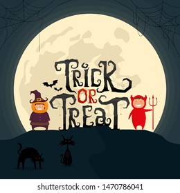 Trick or Treat scary text with kids in Halloween costume on spooky night landscape with moon. Vector illustration.