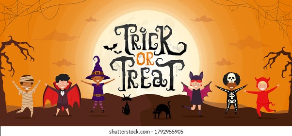 Trick or Treat scary text with kids in Halloween costume on spooky night landscape under moonlight. Set of cartoon characters of children witch, bat, mummy, devil, dracula. Vector illustration.