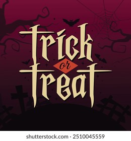 Trick or Treat scary typography vector illustration with bats and horror tree. Trick or treat banner, poster, greeting card for Halloween holiday. Happy Halloween logo, sticker, label