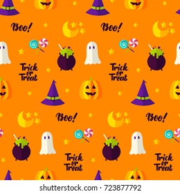 Trick or Treat Seamless Pattern. Vector Illustration of Holiday Background. Happy Halloween.