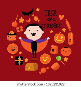 
trick or treat set in circle with background