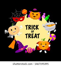 Trick or treat with set of cute cartoon pumpkin character. Happy Halloween day concept with mummy, witch, ghost and candy. Illustration on black background.