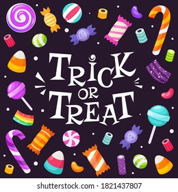 Truco o trato. Conjunto de dulces y caramelos de Halloween. Ilustración vectorial en estilo plano.