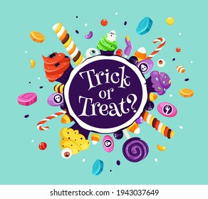 Trick or treat. Set of halloween sweets and candies. Vector illustration in flat style.