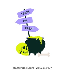 Trick or treat sign with bubbling cauldron, a skull, and a bone. Flat vector illustration about spooky Halloween decorations, symbols, and trick or treating, isolated on white background.