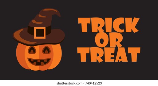 Trick or treat sign on Halloween themed poster with pumpkins that have funny face dressed in witch hat and vector illustration on black with text