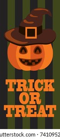 Trick or treat sign on Halloween themed poster with pumpkins that have funny face dressed in witch hat and vector illustration on striped background