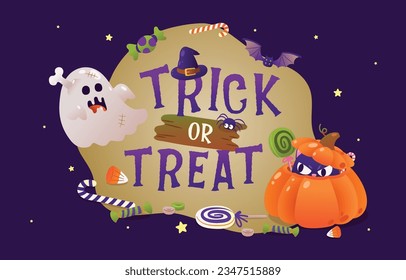 Trick or Treat Sign with Pumpkin, Ghost, Candy, Bat And Black Cat, Vector, Illustration