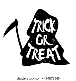 Trick or Treat. Silhouette of grim Reaper with lettering text. Vector background.