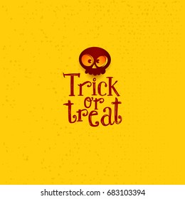 Trick or treat sketch logo with cartoon skull. Hand drawn Halloween lettering on bright background. This illustration can be used as a greeting card, poster, print or party emblem