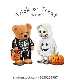 trick or treat slogan with cute bear doll and skeleton in Halloween costume vector illustration 