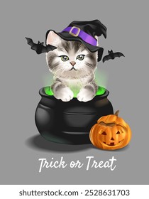 trick or treat slogan with cute kitten in withc cauldron and pumpkin vector illustration