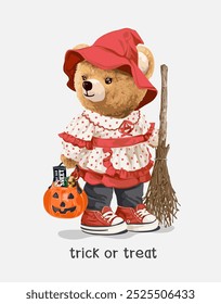 trick or treat slogan with cute little bear doll in witch costume vector illustration