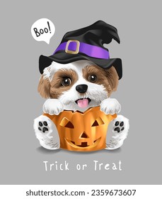 trick or treat slogan with cute puppy in pumkin and witch hat graphic vector illustration svg