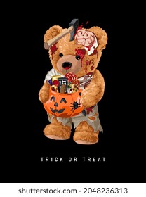 trick or treat slogan with zombie bear doll holding candy bucket vector illustration on black background