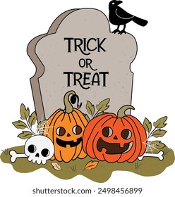 Trick or Treat Spooky Halloween Clipart Vector Illustration with Jack-o'-lanterns, Tombstone, and Crow – Playful Ornament for Greeting Party Invitation Card Background