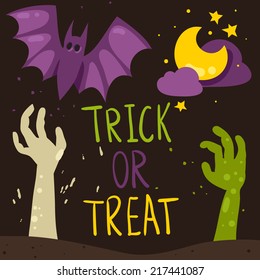 Trick or treat spooky Halloween vector card with bat, zombie hands and moon