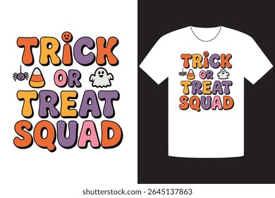 O design Trick or Treat Squad apresenta ícones alegres de Halloween, como uma aranha, um milho doce e um fantasma bonito. Design apresentado em uma maquete de t-shirt limpa e branca.